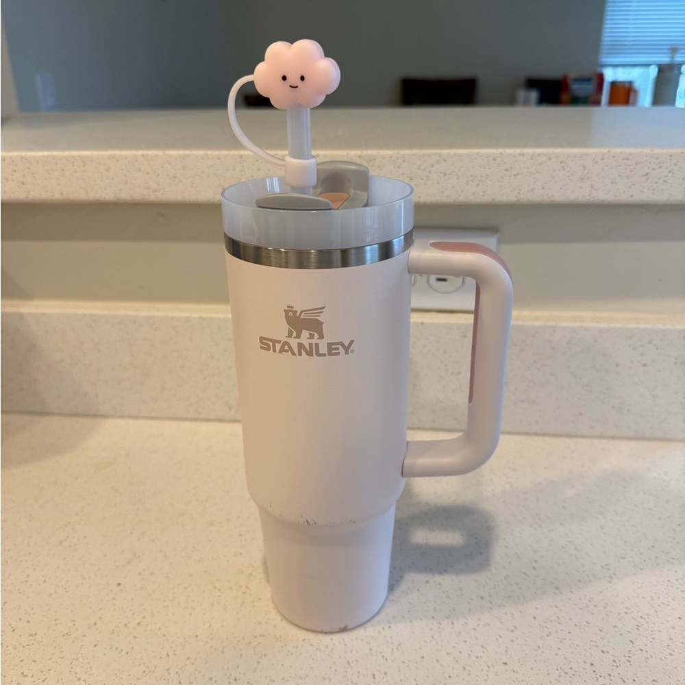 Stanley White Travel Mug with Pink Handle Accent and Gray Lid Trim